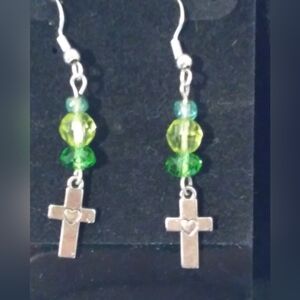 Silver Tone Cross w/ Heart Center Earrings with Green and Yellow Beads Handmade